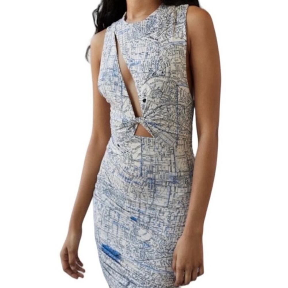 URBAN OUTFITTERS Amaya Ruched Slash Bodycon Twist Fromt with Map Dress Sz Medium